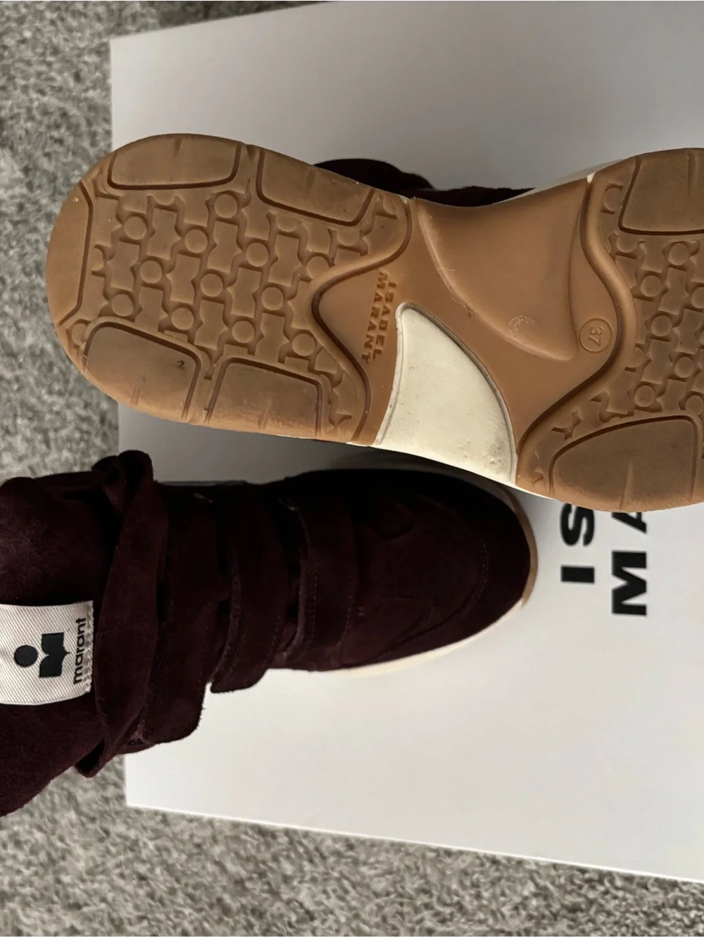 Isabel Marant Burgundy Suede High-Top Wedge Sneakers with Light Blue Accent